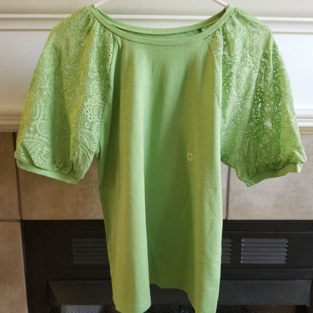 Loft Outlet XS Cucumber Smooth Raglan Lace Sleeve Top